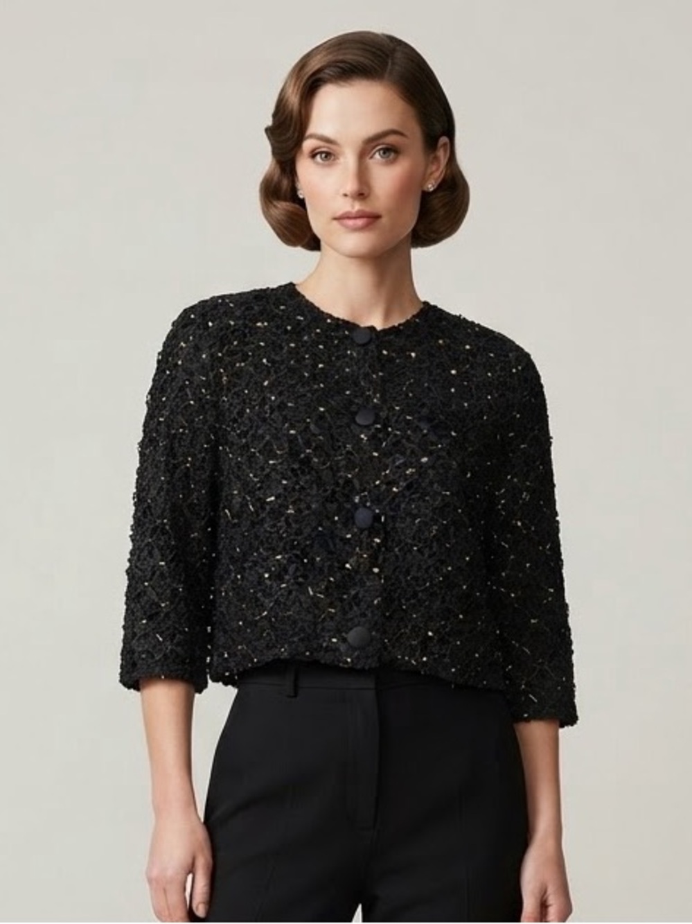 VTG Glentex Cropped Black Textured Jacket with Button Front